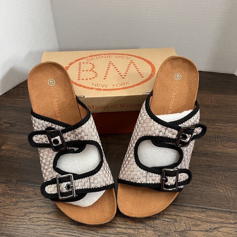 BM Bernie Mev Comfort Sandals Metallic Black Nude Woven 41 US 10 Slip-On Women's